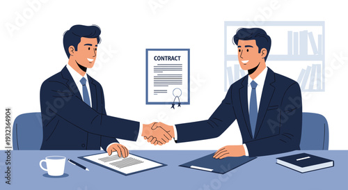 Professional businessmen shaking hands across a table in an office after signing a contract for a new partnership.