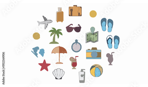 Summer travel vacation vector icons set with beach holiday tourism outline elements