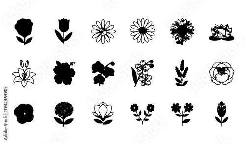 Flowers vector icons set with rose tulip sunflower and botanical floral outline collection