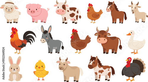 Farm Animal Illustration Set Featuring Sheep, Chickens, Pigs, Cows, and More for Children's Digital Designs