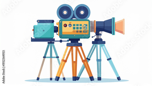 Vintage Movie Camera on Tripod – Retro Film Production and Professional Filmmaking Vector Illustration