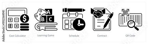 A set of 5 mix icons as cost calculator, learning game, schedule in black color