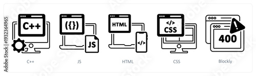 A set of 5 mix icons as c++, js, html in black color