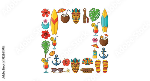 Tropical summer frame composition with surfboards tiki masks exotic flowers and cocktails on a white background.