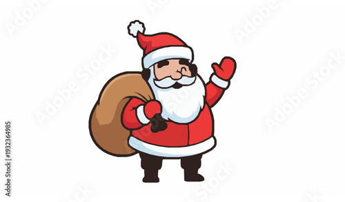 Happy Santa Claus waving with gift sack cartoon vector illustration with bold outline coloring style