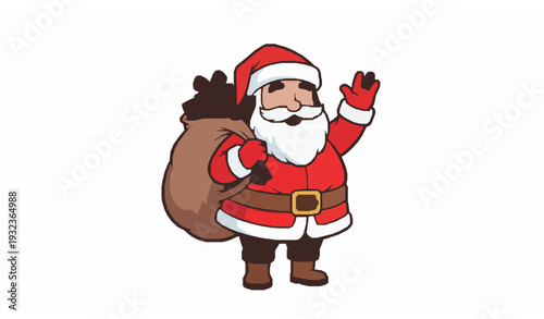 Cartoon Santa Claus waving with sack of gifts vector illustration with bold outline coloring design