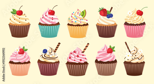 Tempting selection of delicious cupcakes decorated with colorful frostings and fresh fruit toppings in a set.