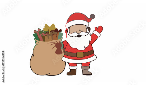 Cute waving Santa Claus with present sack cartoon vector character outline for coloring page