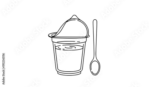 Healthy yogurt cup vector illustration with foil lid peeled and spoon simple line art design