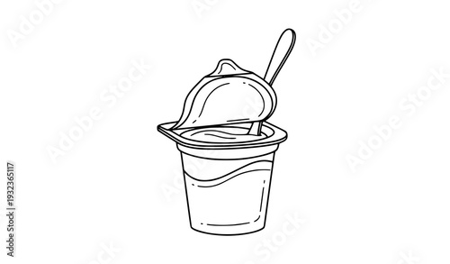 Minimalist yogurt cup with foil lid and spoon line art vector illustration for healthy food