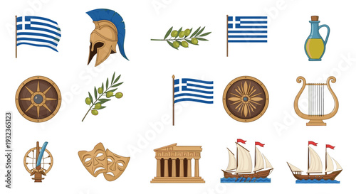 Comprehensive set of ancient Greek symbols and artifacts including flags helmets shields and classical vases.