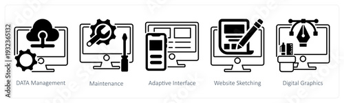 A set of 5 mix icons as data management, maintenance, adaptive interface in black color