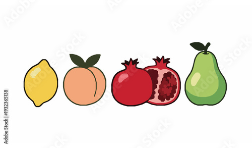 Cartoon fresh fruit vector set with lemon peach pomegranates and green pear on white background