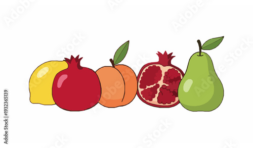 Vibrant fresh fruit vector illustration with lemon peach pomegranates and green pear collection