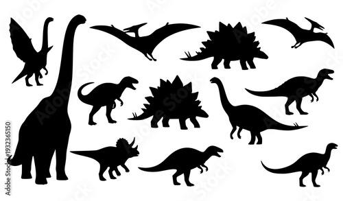 Diverse dinosaur silhouette vector set including sauropods stegosaurs and flying reptiles