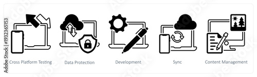 A set of 5 mix icons as cross platform testing, data protection in black color
