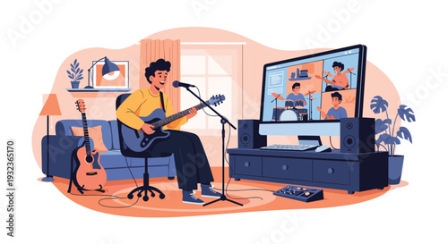 Talented musician playing electric guitar and singing during an online live streaming concert from his home.