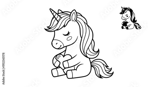 Cute unicorn holding heart coloring page vector with small colored example for kids