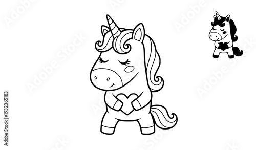 Kids unicorn coloring page with heart and small colored example cute cartoon vector