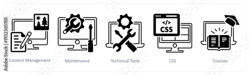 A set of 5 mix icons as content management, maintenance, technical tools in black color