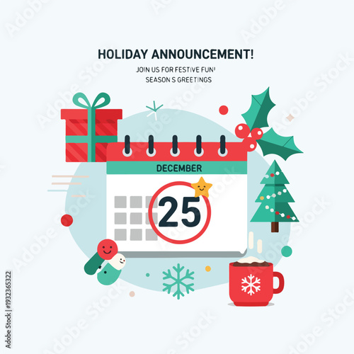 A festive holiday illustration with gifts, a calendar, and a Christmas tree