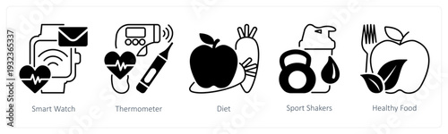 A set of 5 mix icons as smart watch, thermometer, diet in black color