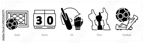A set of 5 mix icons as goal, score, kit in black color