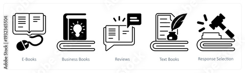 A set of 5 mix icons as e books, business books, reviews in black color