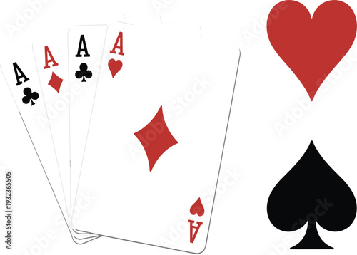 Four aces playing cards collection set with heart and spade suit symbols, gambling and casino poker elements
