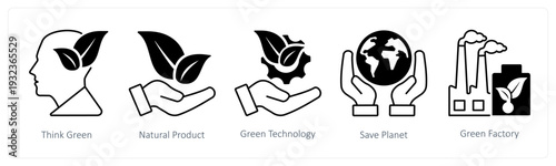 A set of 5 mix icons as think green, natural product, green technology in black color