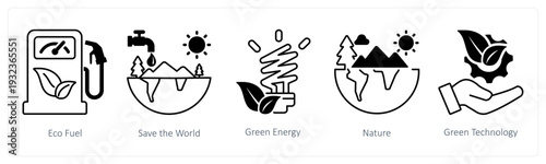 A set of 5 mix icons as eco fuel, save the world, green energy in black color