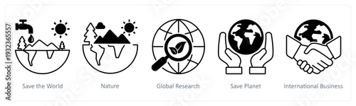 A set of 5 mix icons as save the world, nature, global research in black color
