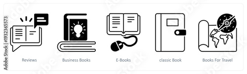 A set of 5 mix icons as reviews, business books, e books in black color