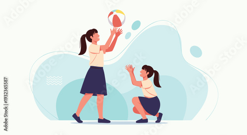 Two young girls in school uniforms playing together with a colorful beach ball against a light blue abstract background in a playful scene.