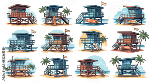 Collection of various beach lifeguard towers with surfboards and palm trees in different coastal settings and colors.