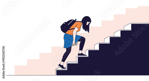 Determined young girl with a backpack climbing up a set of stairs symbolizing personal growth, overcoming challenges, and achieving success.
