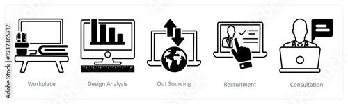 A set of 5 mix icons as workplace, design analysis, out sourcing in black color