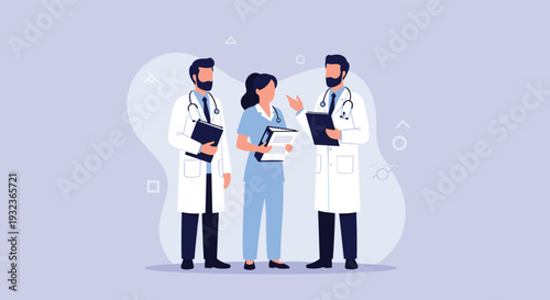 Professional medical team consisting of two doctors in white coats and a nurse in blue scrubs discussing patient records and health data.