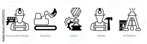 A set of 5 mix icons as construction worker, excavator, crane in black color