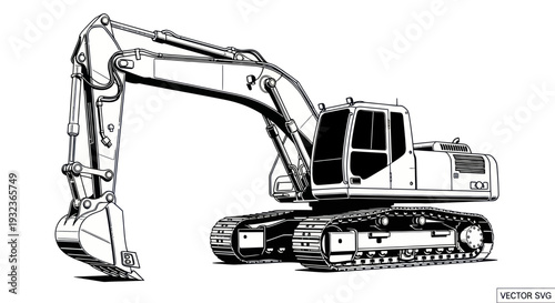 Heavy Duty Excavator Machine Black and White Line Art Illustration