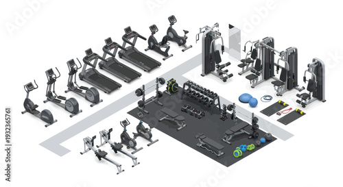 Modern Gym Equipment Collection - Treadmills, Ellipticals, Weights, Machines