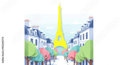 Parisian Street Scene with Eiffel Tower Silhouette and Colorful Trees