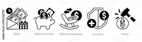 A set of 5 mix icons as salary, deposit insurance, retirement insurance in black color