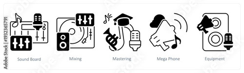A set of 5 mix icons as sound board, mixing, mastering in black color