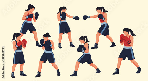 Series of female boxers in various fighting stances including punching, guarding, and ready positions wearing sportswear and boxing gloves.