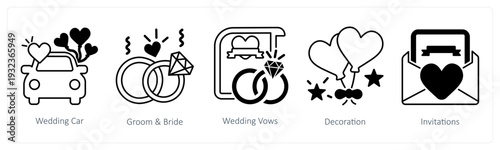 A set of 5 mix icons as wedding car, groom and bride, wedding vows in black color
