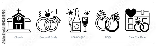 A set of 5 mix icons as church, groom and bride, champagne in black color