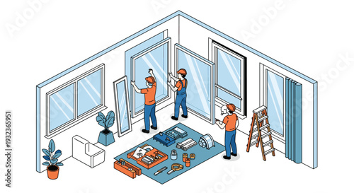 Isometric illustration of construction workers in safety gear installing glass windows in a residential room with tools and equipment.