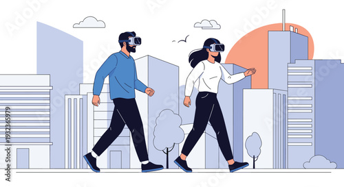 Man and woman wearing virtual reality headsets while walking through a digital city environment with skyscrapers and modern buildings.