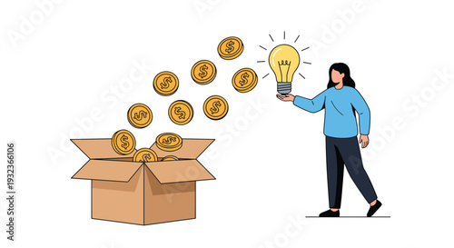 Creative woman holding a glowing lightbulb as coins fly out of a box symbolizing the conversion of great ideas into financial success.